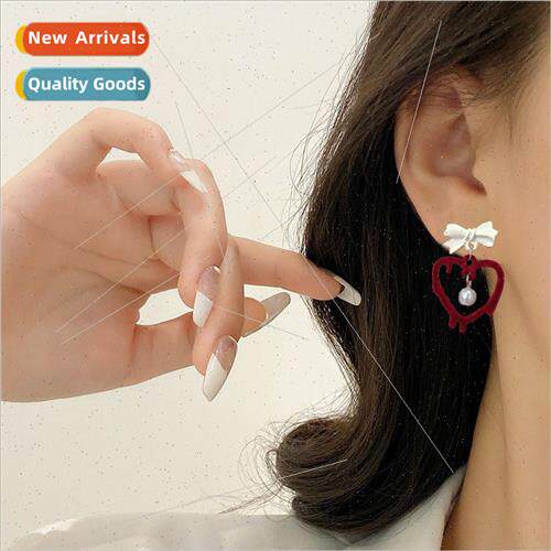 2023 fall winter new flocking love earrings female sweet bow
