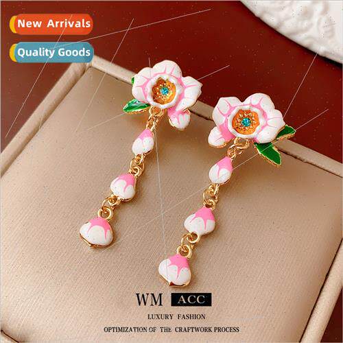 lver needle oil drop flower tassel pink earrings fashion hun