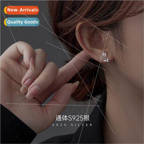S925 Silver Tulip Earrings Cat Eye Stone French New Flower D