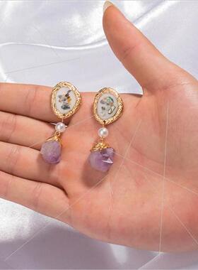 Irregular Purple Natural Stone Earrings HWoven Twisted Vinta