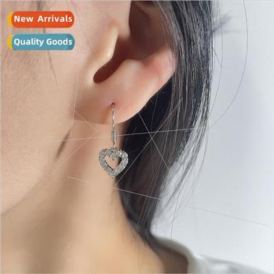 Love flash diamond peach heart earrings ear hooks ins hollow