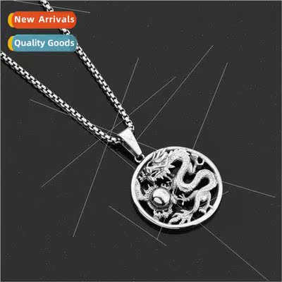 Ethnic men vintage necklace plate dragon play beads pendant