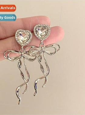 925 silver pin sweet heart bow earrings female niche ins col