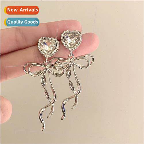 925 silver pin sweet heart bow earrings female niche ins col