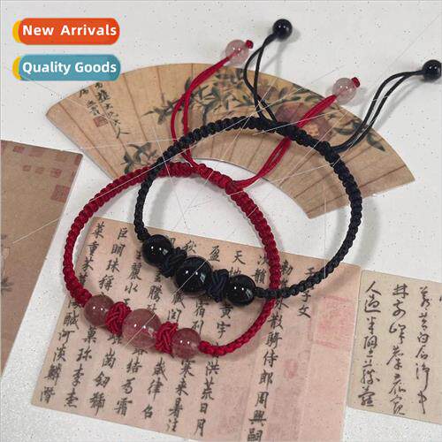 Strawberry Crystal Red Rope Bracelet Women Obsidian Braided