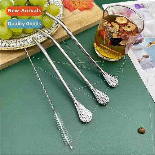 304 straw funnel creative dual-use matte spoon milk tea coff