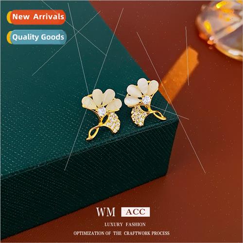 Plated Zirconia Ginkgo Leaf Cat Eye Earrings Delicate Compac