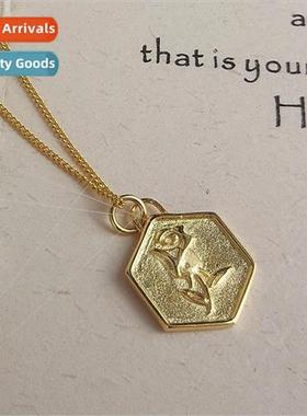925 lver Necklace Europe che Hexagonal Engraved Rose Necklac