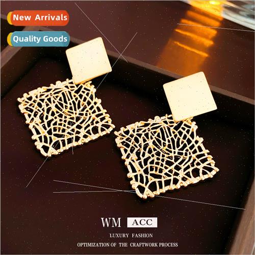 silver pin openwork square earrings Europe earrings niche wo