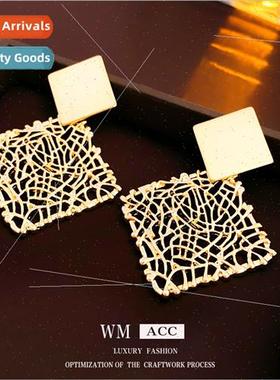 silver pin openwork square earrings Europe earrings niche wo