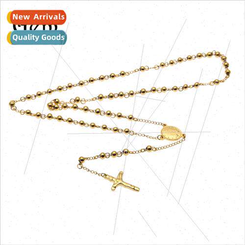 Hip Hop Cross Pendant 6mm Stainless Steel Rosary Necklace Ag