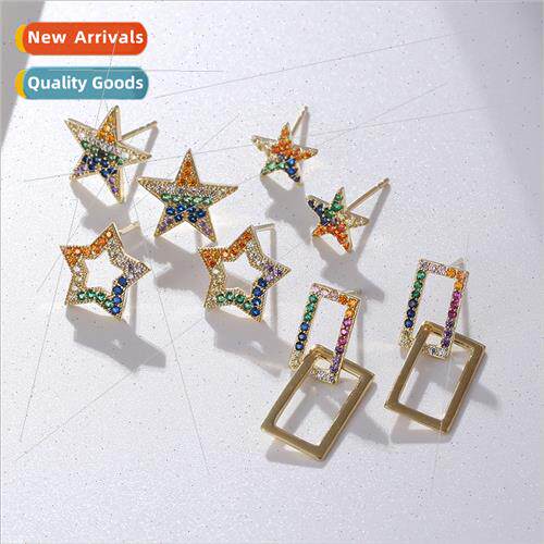 Korea silver zirconium star earrings women rainbow color sta