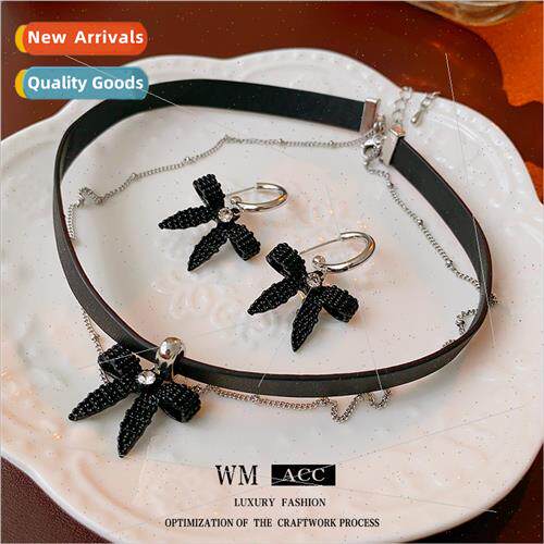 lver pin inlaid diamond black bow geometric earrings fashion