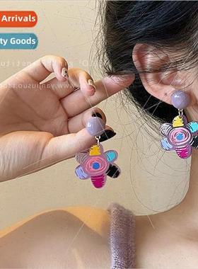 Color clashing graffi flower earrings female fall winter ear