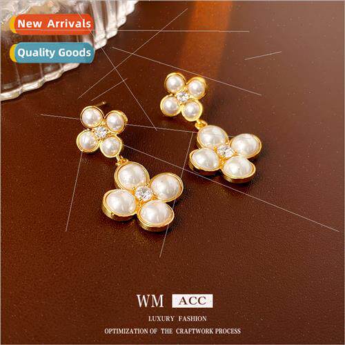 silver needle zirconia flower pearl earrings retro earrings