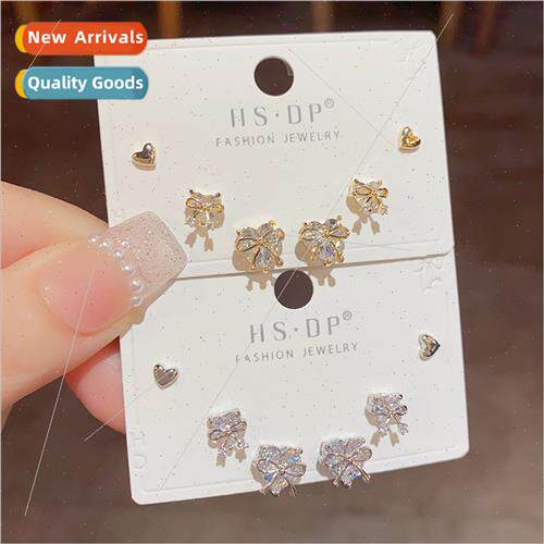 mple zirconia bow heart earrings set s925 silver pin fashion