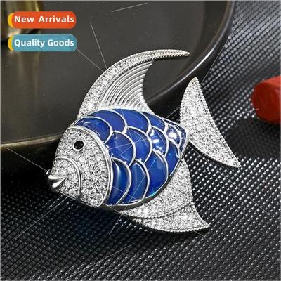 Oil-dripping zirconia blue fish brooch high-grade enamel col