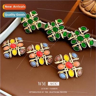 Earrings silver pin wh diamond hollow square colorful glaze