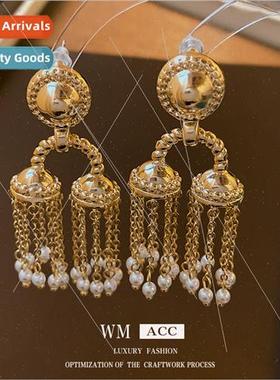 silver needle wind chime pearl tassel earrings antique court