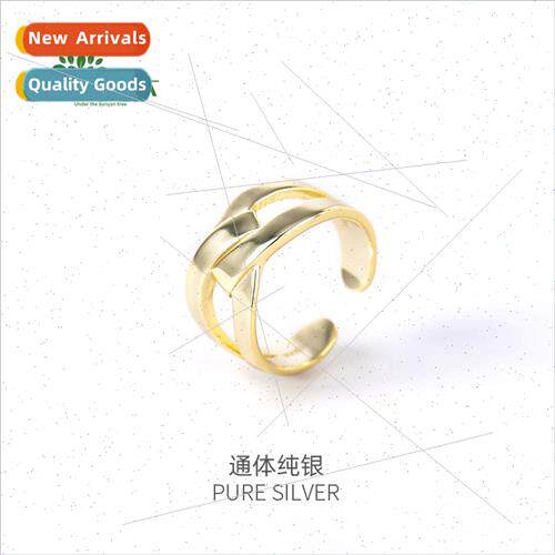 s925 silver Koreasimple lines cross wide open ring vintage h