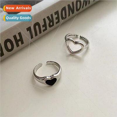 Korea niche retro black heart ring female hundred wh simple