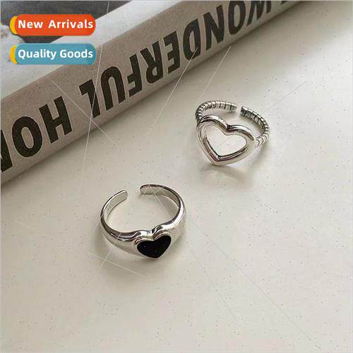 Korea niche retro black heart ring female hundred wh simple