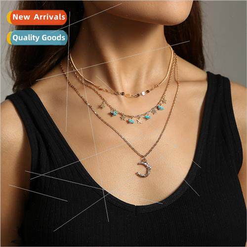 Multi-Layered Crescent Moon Pendant Necklace Natural Turquoi