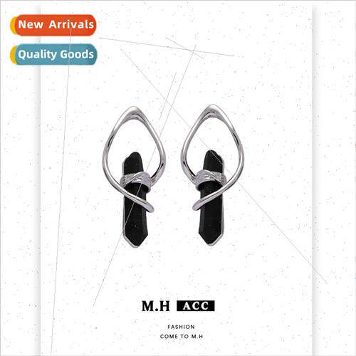Obsidian geometric earrings female simple fashion 925 silver