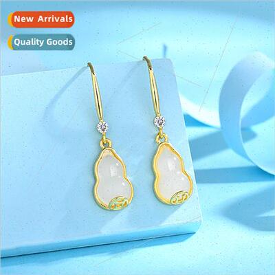New retro high-grade women jewelry gold inlaid jade gourd ea