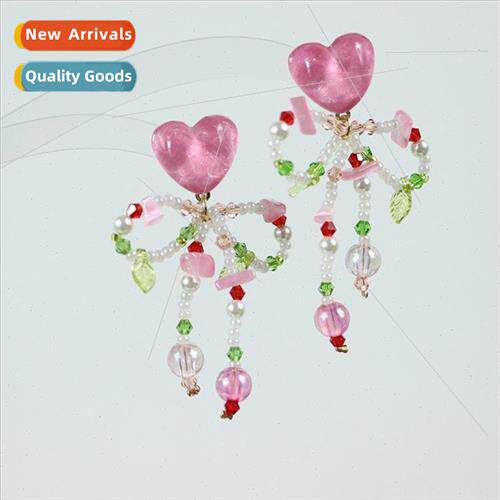 Pink purple heart beaded earrings colorful bow earrings stud