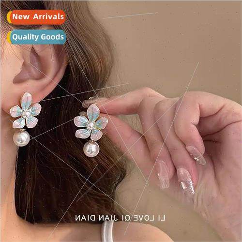French enamel pearl flower earrings sweet niche vintage earr