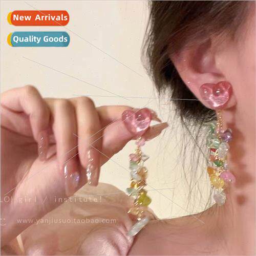 It color spring summer love heart crushed stone tassel earri