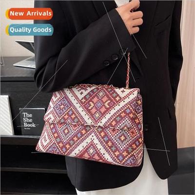 Art ethnic retro plaid shoulder bag 2023 fall new canvas fas