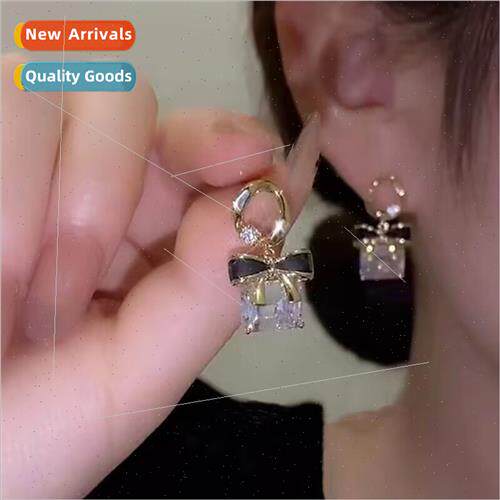 925 silver needle black bow earrings 2023 new Korea super fl