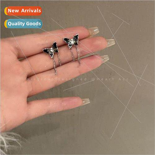Sweet Spicy Black Tassel Butterfly Chain Earrings适用Women E