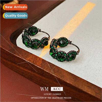 French diamond emerald round earrings buckle vintage fashion