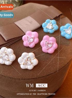 lver needle zirconia oil drop colorful flower earrings ins f