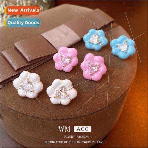 lver needle zirconia oil drop colorful flower earrings ins f