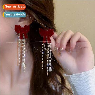Long tassel flocked bow earrings female fashion hundred wh s