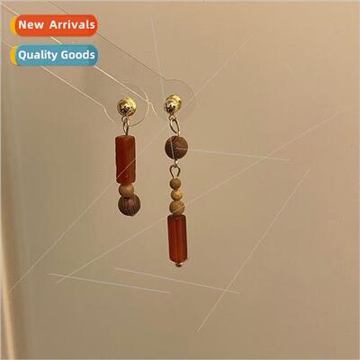 New ancient dark red curry wooden beaded earrings female asy