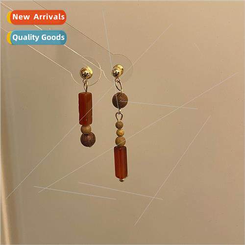 New ancient dark red curry wooden beaded earrings female asy