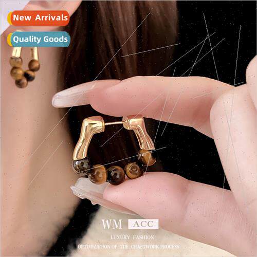 lver needle brown oval tiger eye stone metal earrings retro