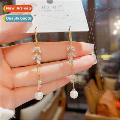 Korea exquise celebry zirconia leaf tassel pearl ear hooks f