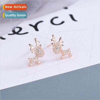 s925 silver Koreadiamond zirconia antler earrings cute anima