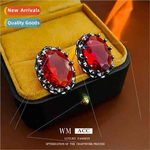 Earrings lver Needle Zirconia Red Oval Earrings Vintage Fema