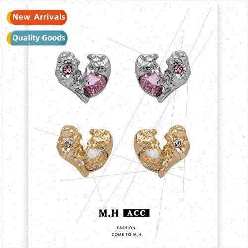 Metal lava pink diamond love heart earrings Europe ins earri