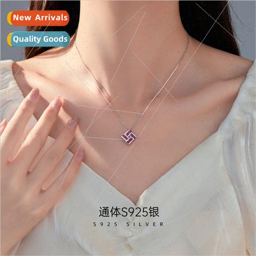 S925 lver mple Ruby Four de Square Necklace Women che Four L
