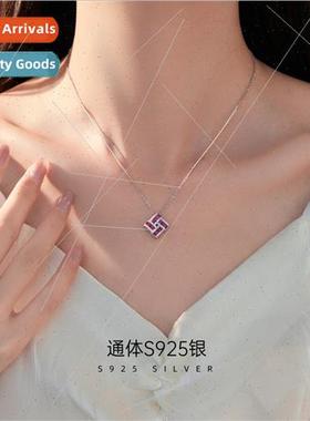 S925 lver mple Ruby Four de Square Necklace Women che Four L
