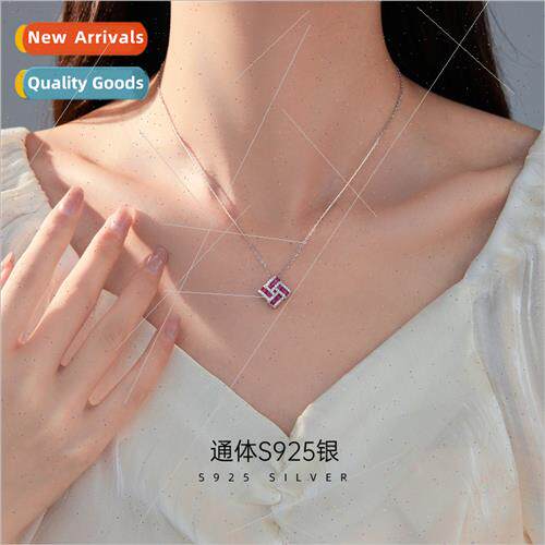 S925 lver mple Ruby Four de Square Necklace Women che Four L