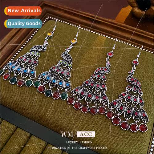 Diamonds hollowed out oval peacock tassel ear hooks bohemian
